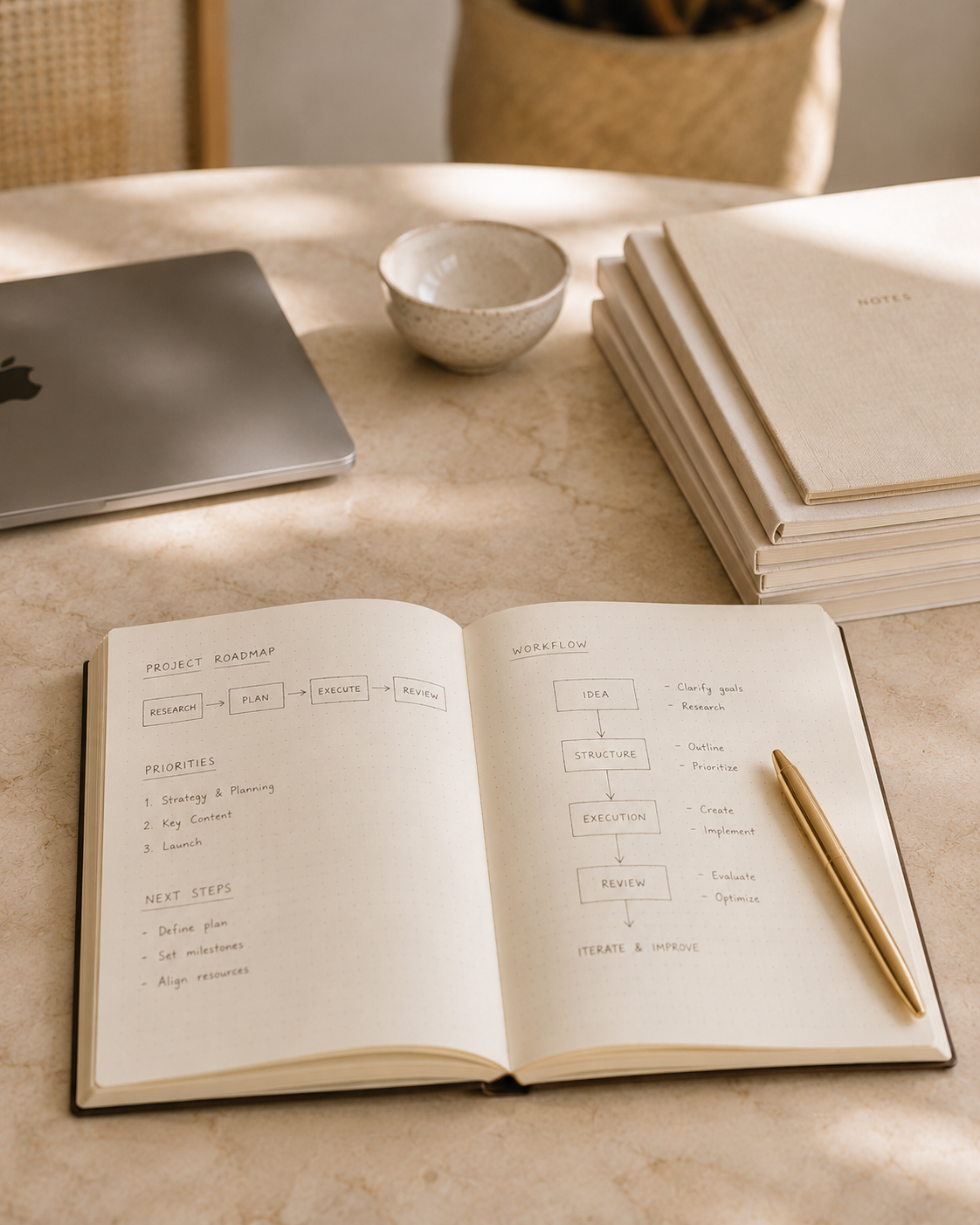 Projektplanung — offenes Notizbuch mit Strukturskizzen und handschriftlichen Notizen