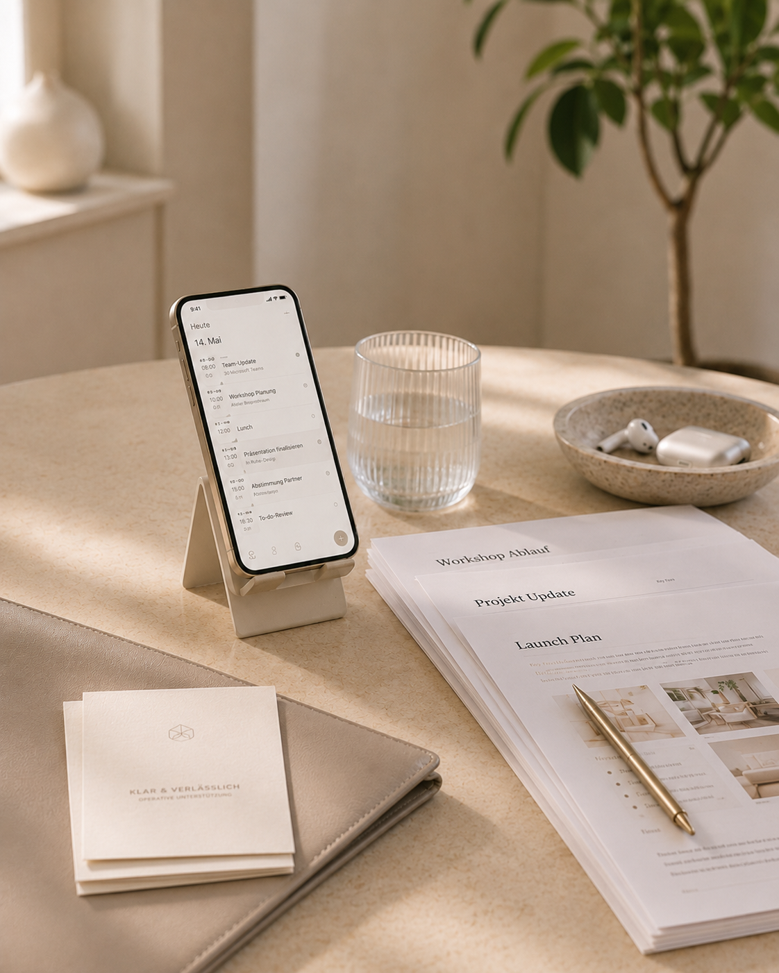 Ruhiger Schreibtisch mit Notizbuch, Stift, Kaffeetasse und Pflanze — operative Entlastung